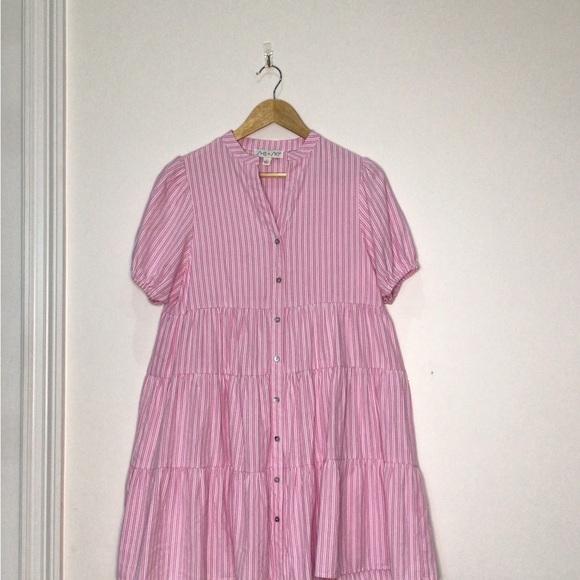 She + Sky Pink & White Stripe Puff Sleeve Mini Sundress Size Small V Neckline - Picture 2 of 12